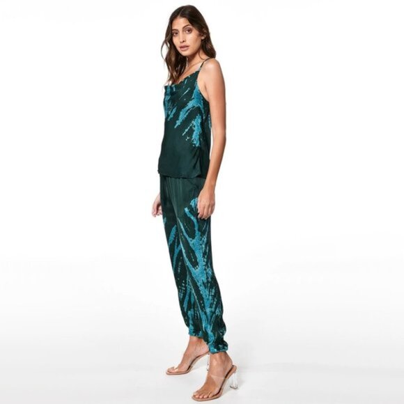 NWT YFB emerald green abstract print silky jogger trackpants - Picture 3 of 15